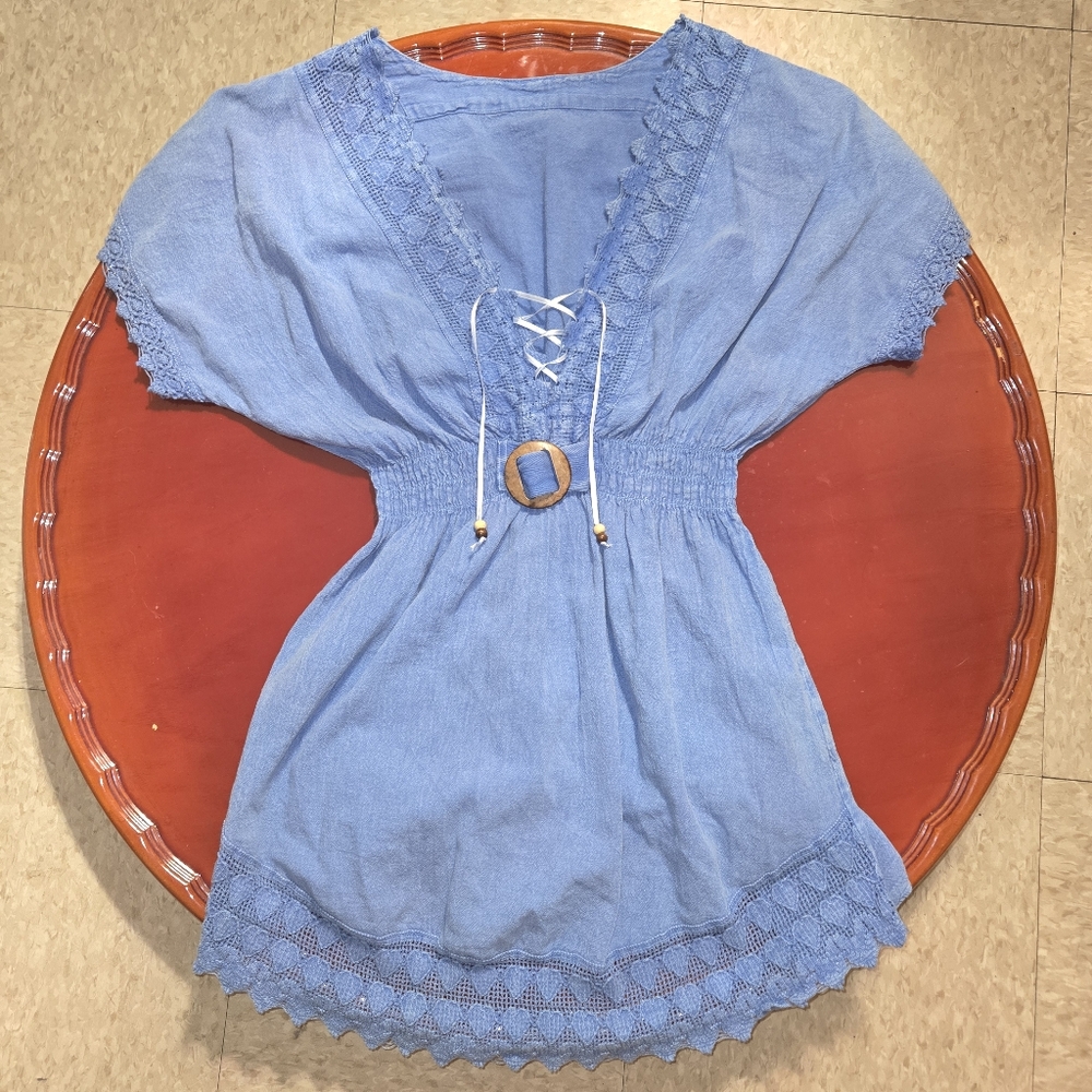 Emma Lace Up Tunic Dress Crochet Hem Neckline Cover Up Smocked Waist Small